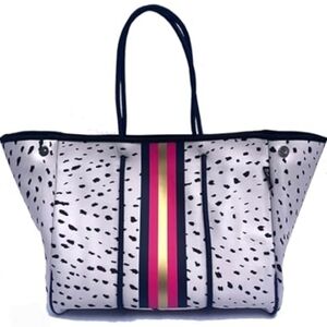 Elegant Black and White Tote with Pink and Gold Stripes